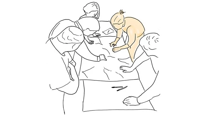 Zeichnung von vier Personen, die gemeinsam über einen Plan gebeugt sind